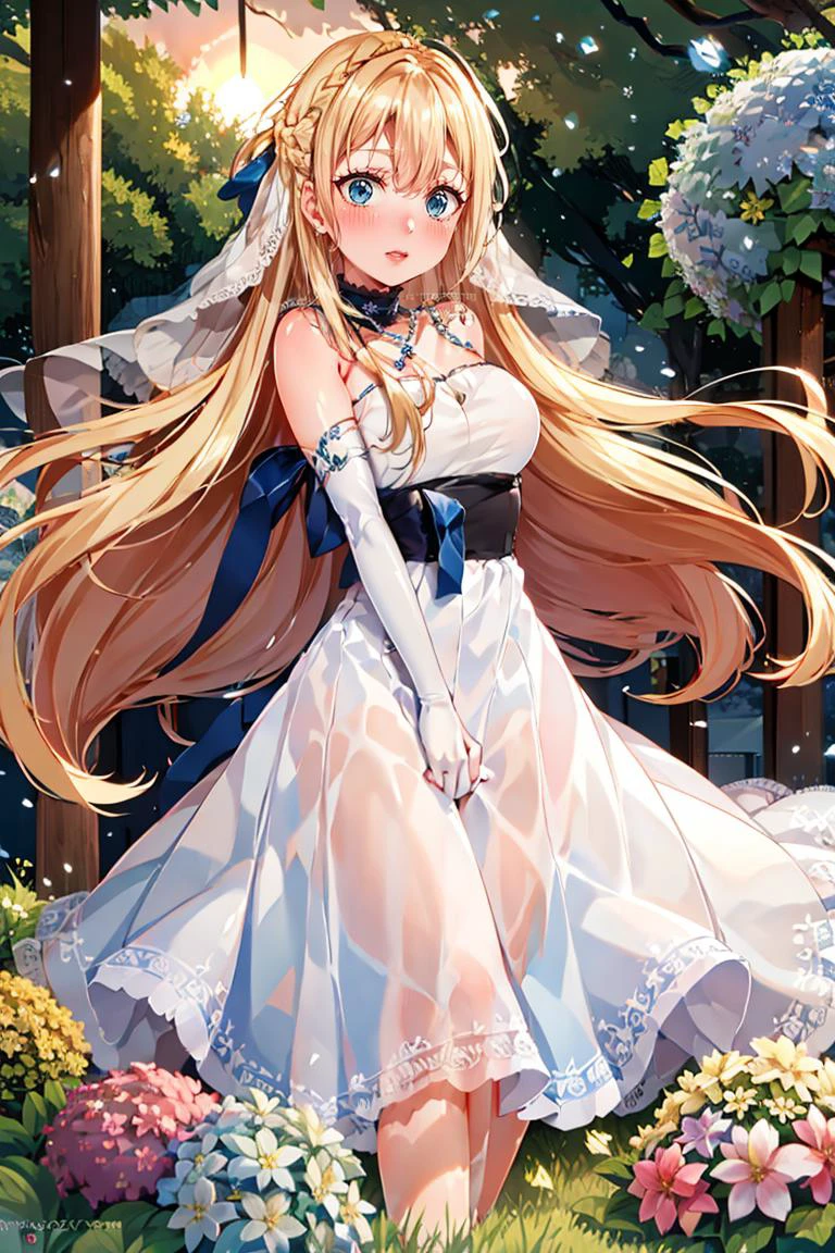 <lora:Puppypaww_Style:0.8>,((masterpiece,best quality)), <lora:Marina_Lucce_Maxetto_OC_v2:0.8>, Marina_Lucce_Maxetto_OC, 1girl, solo, blonde, very long hair, french braid, blue hair ribbon, bride, wedding dress, bridal veil, strapless dress, elbow gloves, white rose, pearl necklace, outdoors, grass, bush, sunset, hydrangea, blush,