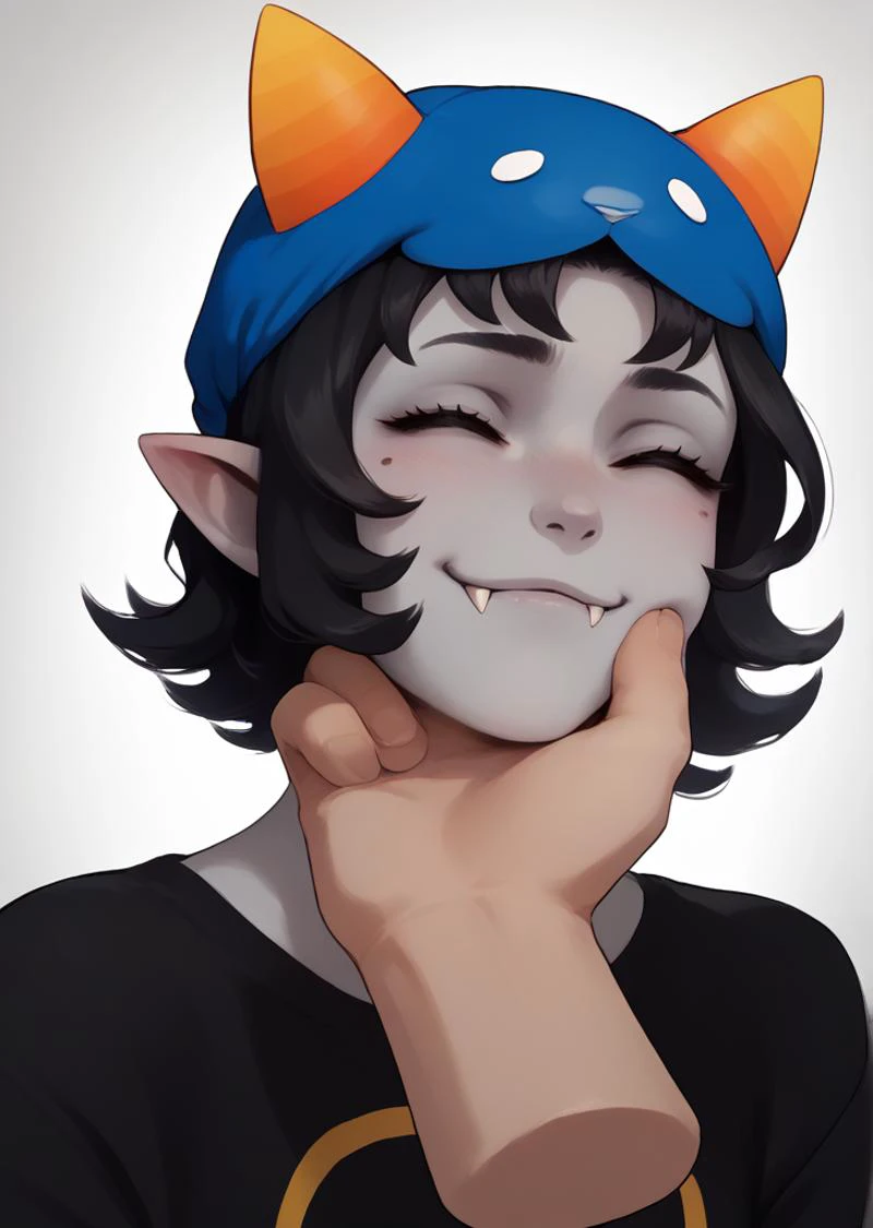, score_9, score_8_up, score_7_up, masterpiece, , line art, portrait, anime,, detailed, <lora:Expressive_H:0.45> Expressiveh, <lora:VillainousFaceHoldXLv2:0.8> chin grab, closed eyes, light smile, blush, purring, disembodied limb, , disembodied arm, <lora:Nepeta:0.8> nepeta, black hair, wavy hair, short hair, horns, pointy ears, horns, , gray skin, colored skin, Cat hat, black shirt, :3, fangs,