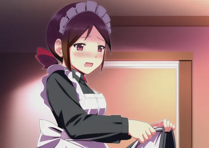 art by apstle, maid, blush, embarrassed, kitchen, housework, blushing, domestic