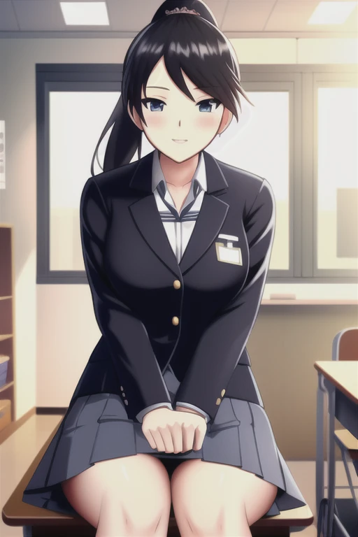 art by apstle, school_uniform, skirt, ponytail, socks, classroom, teacher, lesson, lecture, student, knowledge