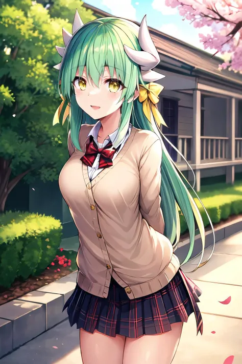 masterpiece, best quality, highres, aakiyo, long hair, green hair, white horns, hair bow, yellow bow, yellow eyes, <lora:kiyohime_(lancer)_v1:0.7>, cardigan, plaid skirt, arms behind back, smile, open mouth, petals, outdoors <lora:SeN-Style_99422:1>