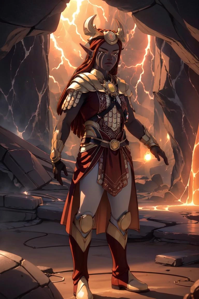 Janai, brown eyes, facial mark, (lava, orange lighting:1.2), cave, (realistic:1.2), (masterpiece:1.2), (full-body-shot:1.2),(Cowboy-shot:1.2), dark romantic lighting, (highly detailed:1.2), (detailed face:1.2), (gradients), colorful, detailed eyes, (natural lighting:1.2), solo, <lora:add_detail:0.3> <lora:DragonPrince_Janai-10:0.7> <lora:BeautifulEyes:0.3>