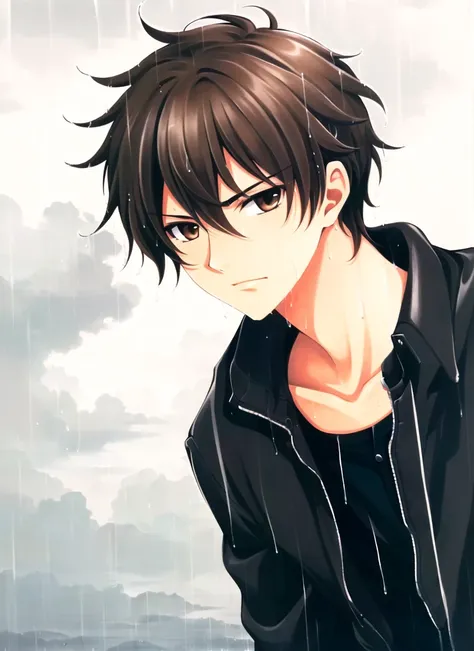clamp \(circle\)<lora:clamp__circle__offset:1>,  masterpiece, best quality, 1boy, brown eyes, brown hair, male focus, outdoors, rain, solo
