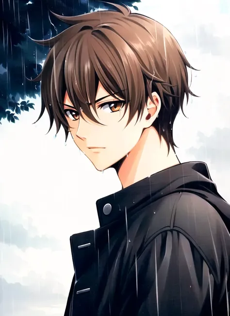 clamp \(circle\)<lora:clamp__circle__offset:1>, masterpiece, best quality, 1boy, brown eyes, brown hair, male focus, outdoors, rain, solo