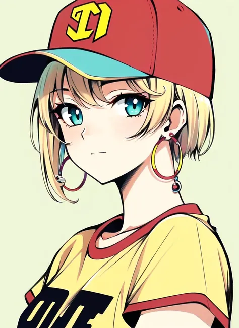 clamp \(circle\)<lora:clamp__circle__offset:1>,  masterpiece, best quality, 1girl, aqua eyes, baseball cap, blonde hair, closed mouth, earrings, green background, hat, hoop earrings, jewelry, looking at viewer, shirt, short hair, simple background, solo, upper body, yellow shirt