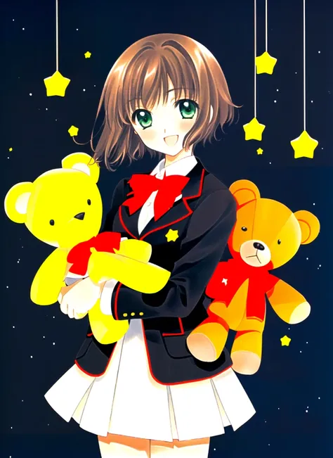 clamp \(circle\)<lora:clamp__circle__offset:1>, 1girl, :d, black jacket, blunt bangs, brown hair, cowboy shot, green eyes, hair intakes, holding, holding stuffed toy, jacket, long sleeves, looking at viewer, open mouth, school uniform, short hair, skirt, smile, solo, star (symbol), starry background, stuffed animal, stuffed toy, teddy bear, tomoeda middle school uniform, uniform, white skirt, (masterpiece)