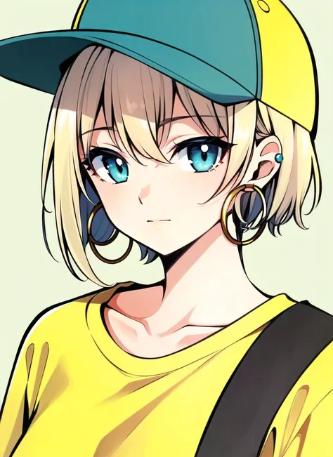 clamp \(circle\)<lora:clamp__circle__offset:1>, masterpiece, best quality, 1girl, aqua eyes, baseball cap, blonde hair, closed mouth, earrings, green background, hat, hoop earrings, jewelry, looking at viewer, shirt, short hair, simple background, solo, upper body, yellow shirt