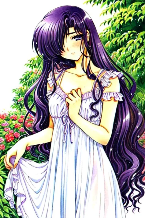clamp \(circle\)<lora:clamp__circle__offset:1.2> , masterpiece, watercolor, 1990s \(style\), 1girl, Right eye is hidden, long wavy hair, deep purple hair, 1girl, B-cup chest, frilly nightgown, shy expression, purple eyes, fair skin, :o, light blush, garden,
<lora:mekakure_right_v100:1>