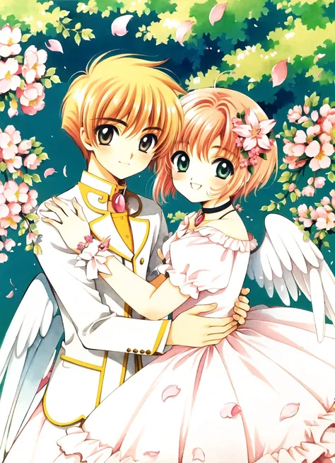 clamp \(circle\)<lora:clamp__circle__offset:1.2> , masterpiece, watercolor, 1990s \(style\), 1boy, 1girl, :d, antenna hair, brown eyes, brown hair, cherry blossoms, choker, closed mouth, couple, dress, female child, flower, formal, frilled dress, frills, green eyes, hair flower, hair ornament, hands on another's shoulders, hetero, jacket, long sleeves, looking at viewer, magical girl, male child, mini wings, open mouth, petals, pink choker, puffy short sleeves, puffy sleeves, retro artstyle, short hair, short sleeves, smile, suit, tree, white dress, white jacket, white suit, white wings, wind, wings
