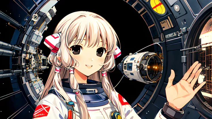 clamp \(circle\), 1girl, elegant, solo, chobits, mature, small breasts, massive eyes, black eyes, 90s atmosphere, upper body, space station corridor, astronaut EVA suit, happy shout <lora:clamp__circle__offset:1>