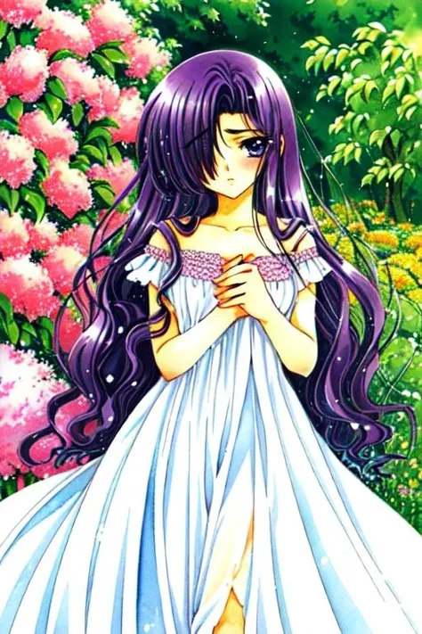 clamp \(circle\)<lora:clamp__circle__offset:1.2> , masterpiece, watercolor, 1990s \(style\), 1girl, Right eye is hidden, long wavy hair, deep purple hair, 1girl, B-cup chest, frilly htgown, shy expression, purple eyes, fair skin, :o, light blush, garden,
<lora:mekakure_right_v100:1>