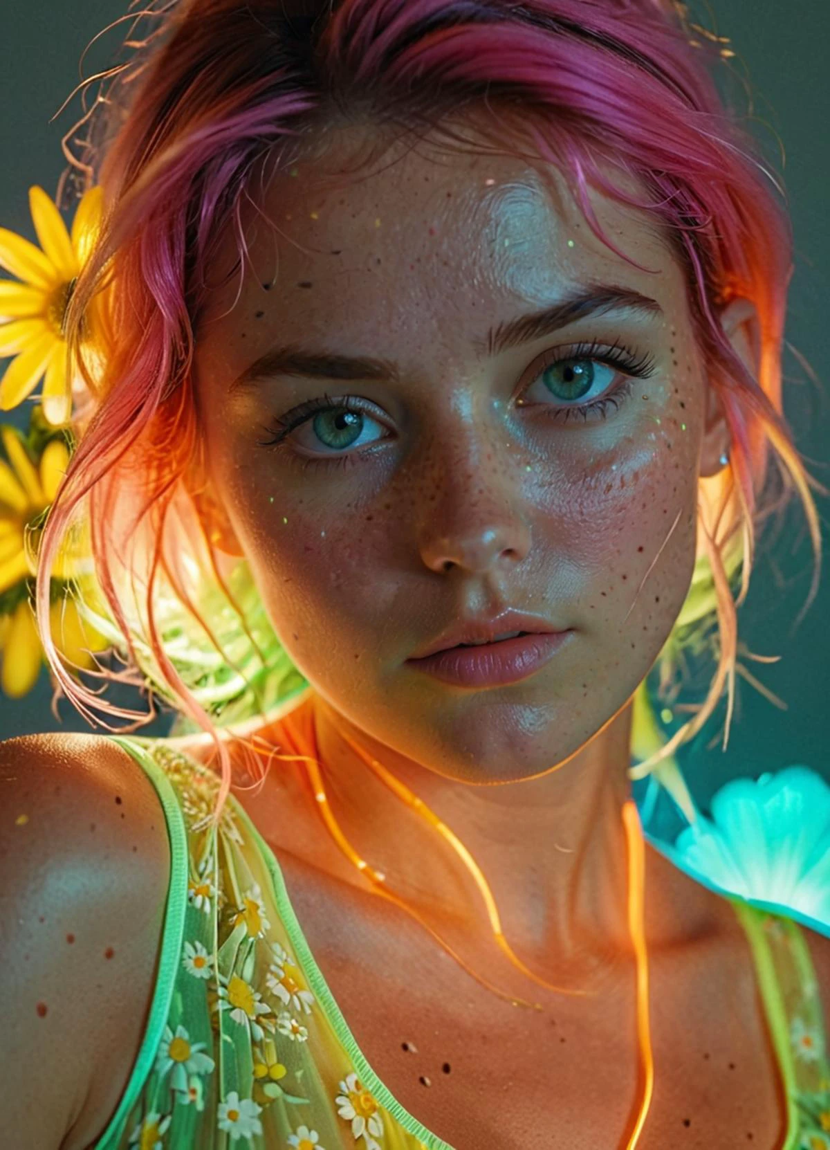 cinematic photo Ombre color scheme of neon pink, neon blue, neon yellow, neon green, neon orange, (semi-real) 32-year-old, middle-aged, woman in summer dress, flowers, anime artwork, grand photograph, Polaroid, annoyed girl, neon glowing hair, canon 5d mark 4, neon light, kodak ektar, feminate, curved lines, elaborate detail, subsurface scattering, ultra hd, 4k, high def, Photorealistic, Hyperrealistic, Hyper detailed, analog style, realistic, masterpiece, best quality, ultra realistic, 8k, Intricate, High Detail, film photography, soft lighting, heavy shadow <lora:sss:0.8> <lora:add-detail-xl:1> <lora:Cosine_freck:0.33> Freckles, Natural skin <lora:sdxl:0.35> , 35mm photograph, film, bokeh, professional, 4k, highly detailed