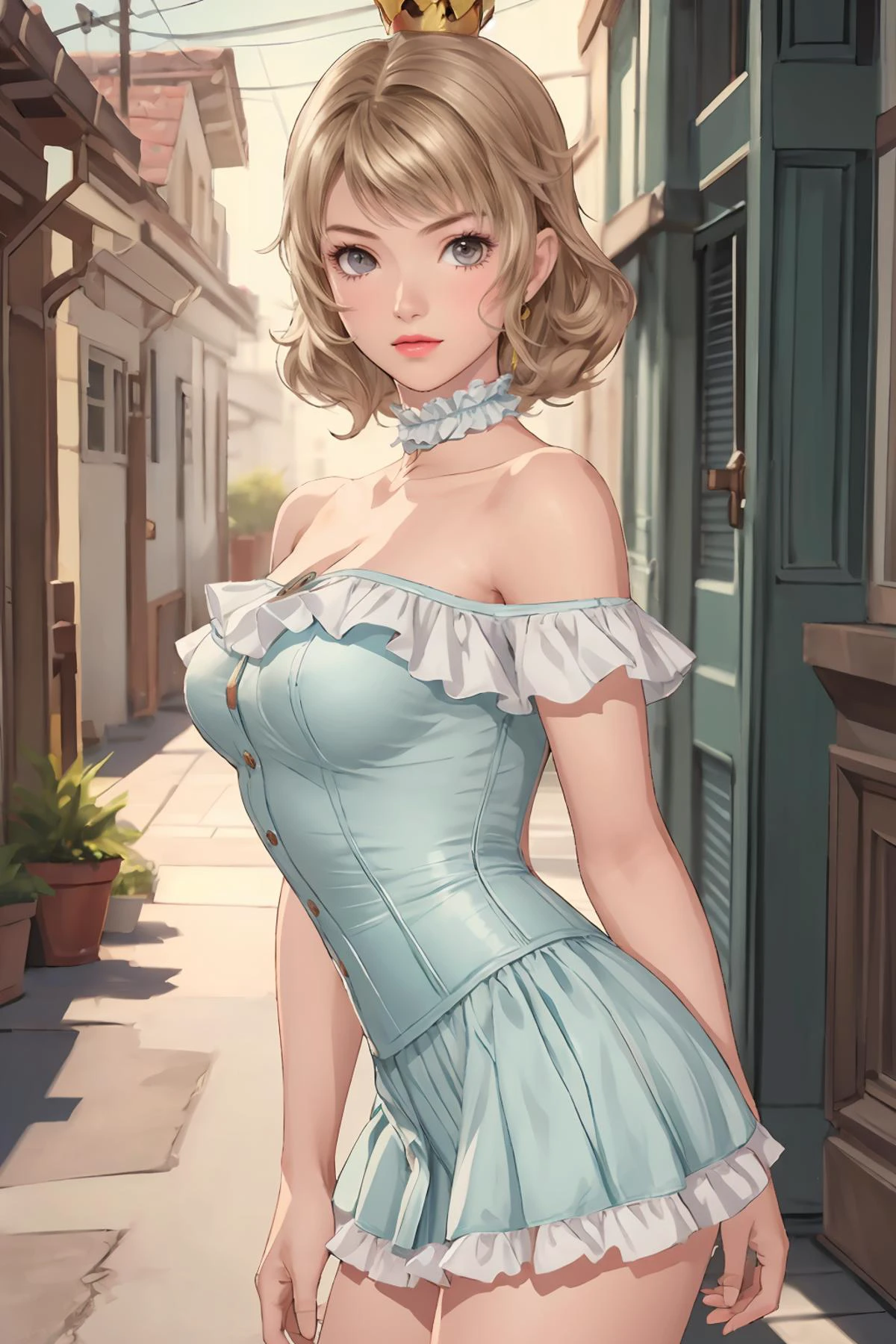8k high quality detailed,highres,anime,comic,detailed image,
(an illustration of a age girl posing,(an illustration of girl,teengirl)),(magazine_illustration,),
(, skp5,1girl,bangs,short curly hair,medium breasts),((Dampened Smile):0.7),detailed_face,
((Twirling around with arms extended,):0.8),
((, hud_crst_prncss_drss,hud_crst_prncss_drss,bare shoulders,blue corset,off shoulder,blue dress,short dress,frills,crown,choker,lipstick,high heels):0.85),(,realistic clothing texture,realistic_skin_texture),<lora:Sexy_beach-KK77-V1:0.55>,<lora:skp5-guy-v2:0.7>,<lora:corset_princess_sd15:0.45>,<lora:more_details:0.2>