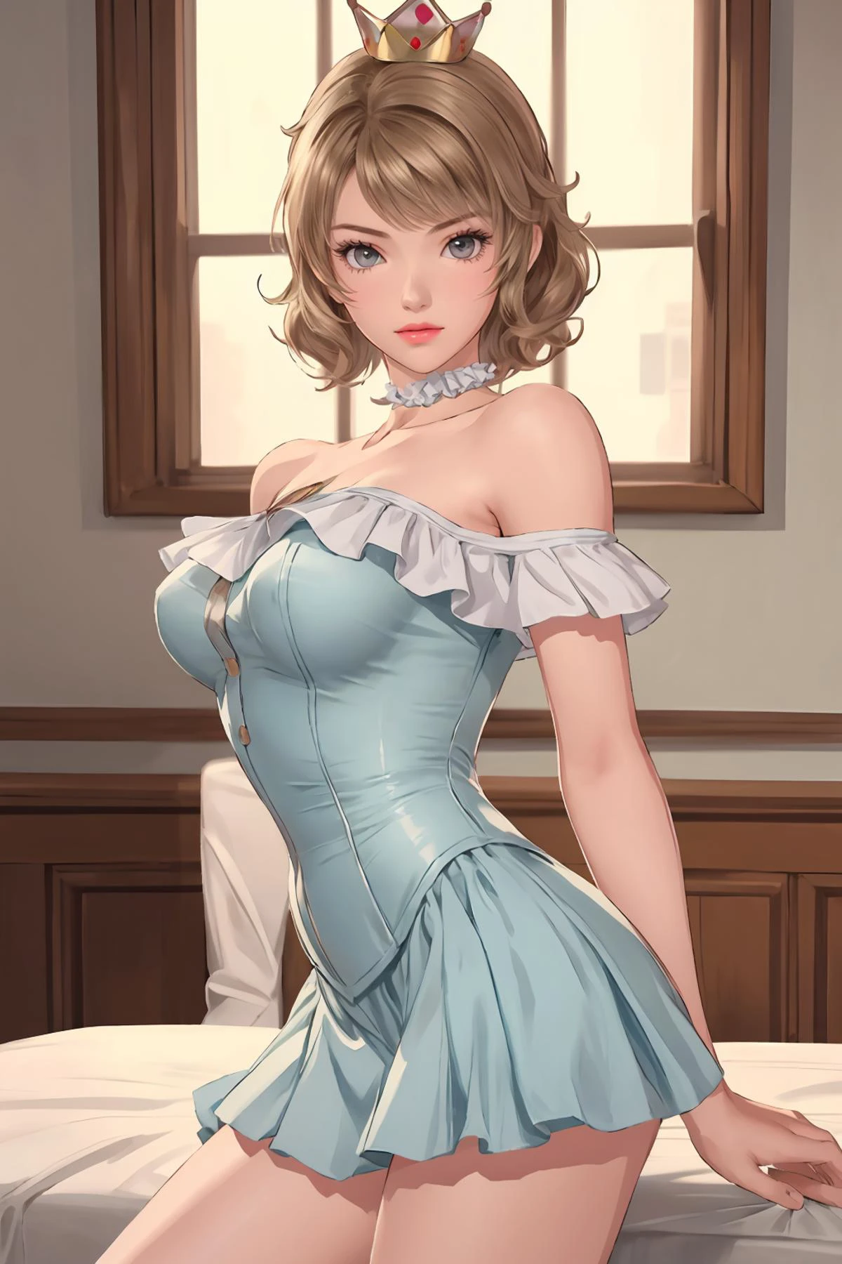 8k high quality detailed,highres,anime,comic,detailed image,
(an illustration of a age girl posing,(an illustration of girl,teengirl)),(magazine_illustration,),
(, skp5,1girl,bangs,short curly hair,medium breasts),((Wry Smile):0.7),detailed_face,
((upright_straddle):0.8),
((, hud_crst_prncss_drss,hud_crst_prncss_drss,bare shoulders,blue corset,off shoulder,blue dress,short dress,frills,crown,choker,lipstick,high heels):0.85),(,realistic clothing texture,realistic_skin_texture),<lora:Sexy_beach-KK77-V1:0.55>,<lora:skp5-guy-v2:0.7>,<lora:corset_princess_sd15:0.45>,<lora:more_details:0.2>