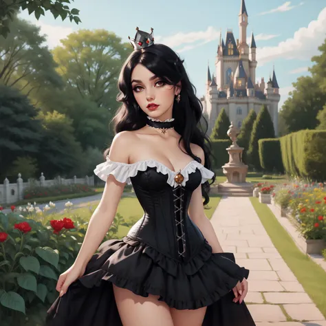 gothic,1girl, long black hair, hair over one eye, full body, hud_crst_prncss_drss, bare shoulders, black corset, off shoulder, short sleeves, black dress, short dress, frills, crown, choker, lipstick, high heels, makeup, <lora:corset_princess_sd15:0.7>, castle, garden, dead flowers