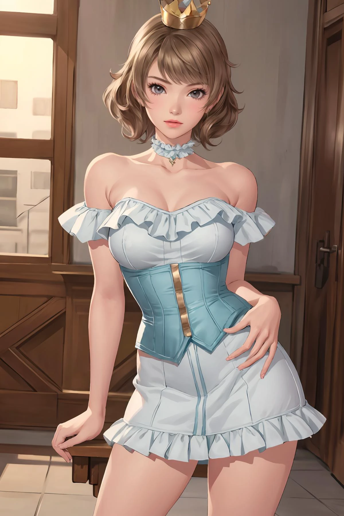 8k high quality detailed,highres,anime,comic,detailed image,
(an illustration of a age girl posing,(an illustration of girl,teengirl)),(magazine_illustration,),
(, skp5,1girl,bangs,short curly hair,medium breasts),((Wistful Smile):0.7),detailed_face,
((Covering mouth with hands):0.8),
((, hud_crst_prncss_drss,hud_crst_prncss_drss,bare shoulders,blue corset,off shoulder,blue dress,short dress,frills,crown,choker,lipstick,high heels):0.85),(,realistic clothing texture,realistic_skin_texture),<lora:Sexy_beach-KK77-V1:0.55>,<lora:skp5-guy-v2:0.7>,<lora:corset_princess_sd15:0.45>,<lora:more_details:0.2>