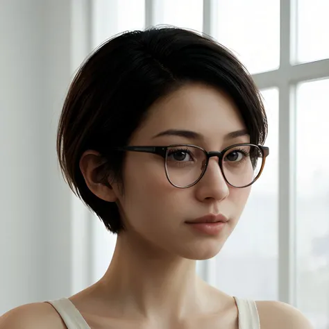 high quality image of 1 woman  <lora:alex_chen:0.8> alex_chen short hair glasses