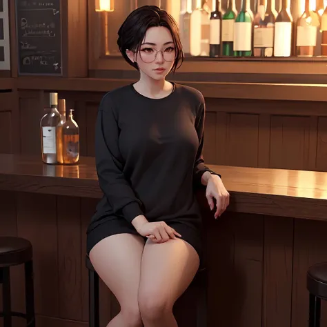 Women Wearing doctor's attributes , naked, without clothes, sitting on high chairs, Visible vagina with legs open, Wearing high heels, with a sexy pose wearing transparent glasses, The body is oily, ada tatto di atas vagina,all over the body, With lighting highlighting his entire body, ultra detailed, UDH, 8K, background of a bar, There is a circular accessory on the stomach , big tits ,The breasts look big and stand out