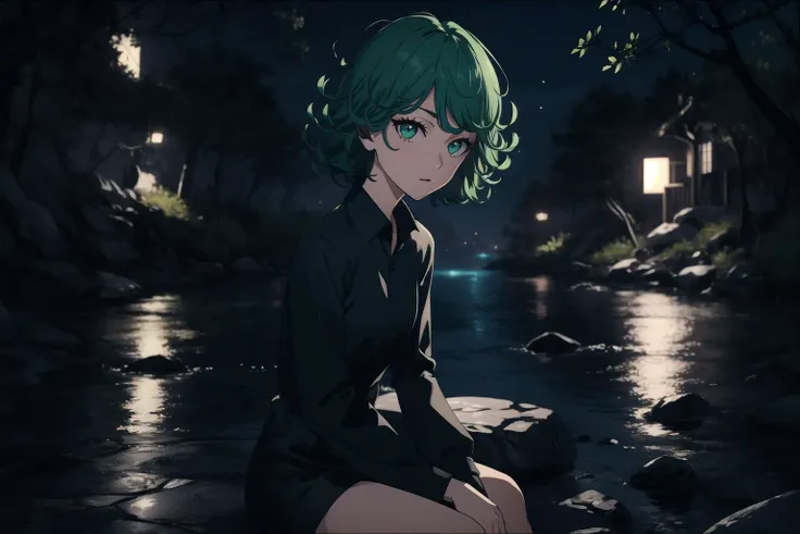 masterpiece, best quality,(colorful), (delicate eyes and face), volumetric light, ray tracing, extremely detailed CG unity 8k wallpaper, dark theme, low key, <lora:ttasu v3:0.5> tatsumaki, petite, small breasts, green eyes, glowing eyes, green hair, black dress, long sleeves, side slits, goin, looking at viewer, sitting, night, dark, nature, rocks, river, moon, stars, <lora:lowra_v10:0.7>