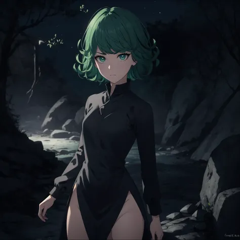 masterpiece, best quality,(colorful), (delicate eyes and face), volumetric light, ray tracing, extremely detailed CG unity 8k wallpaper, dark theme, low key, <lora:ttasu v3:0.5> tatsumaki, petite, small breasts, green eyes, glowing eyes, green hair, black dress, long sleeves, side slits, goin, looking at viewer, frown, night, dark, nature, rocks, moon, stars, <lora:lowra_v10:0.7>