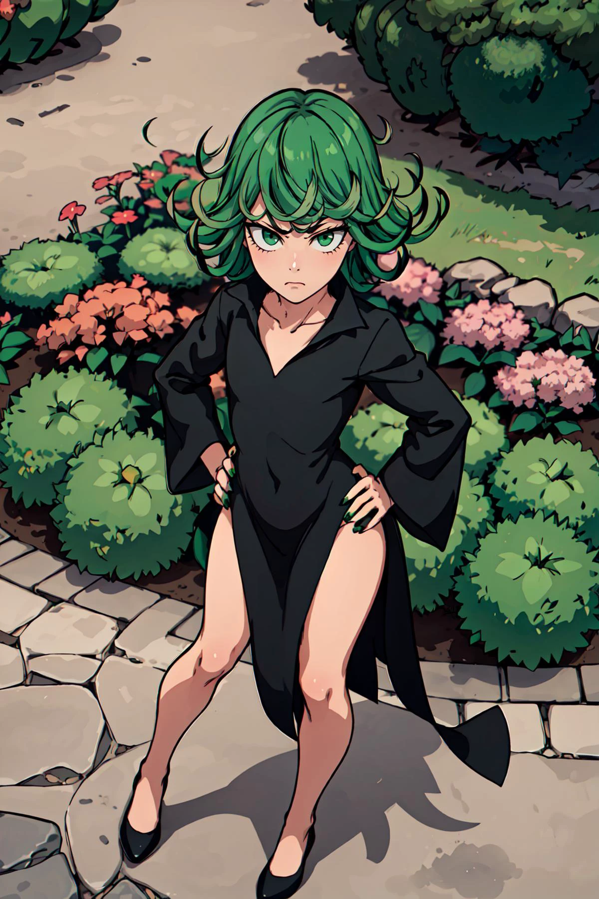 masterpiece, best quality, tatsumaki, flat chest, green hair, green eyes, standing, upper body, from above, looking at viewer, hands on own hips, green nails, black dress, bare legs, long legs, bare hips, hip focus, bottomless, light frown, solo, outdoors, garden, <lora:Function_Better.Hands:1> <lora:dinixdream_Tatsumaki:0.7> <lora:Style_Yusuke.Murata_(One.Punch.Man):0.1> murata yuusuke