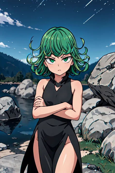 masterpiece, best quality, tatsumaki, small breasts, green hair, floating hair, green eyes, half-closed eyes, standing, looking at viewer, upper body, serious, (black dress:1.2), bare shoulders, solo, outdoors, rock, night, sky, <lora:dinixdream_Tatsumaki:0.7> <lora:Style_Yusuke.Murata_(One.Punch.Man):0.3> murata yuusuke