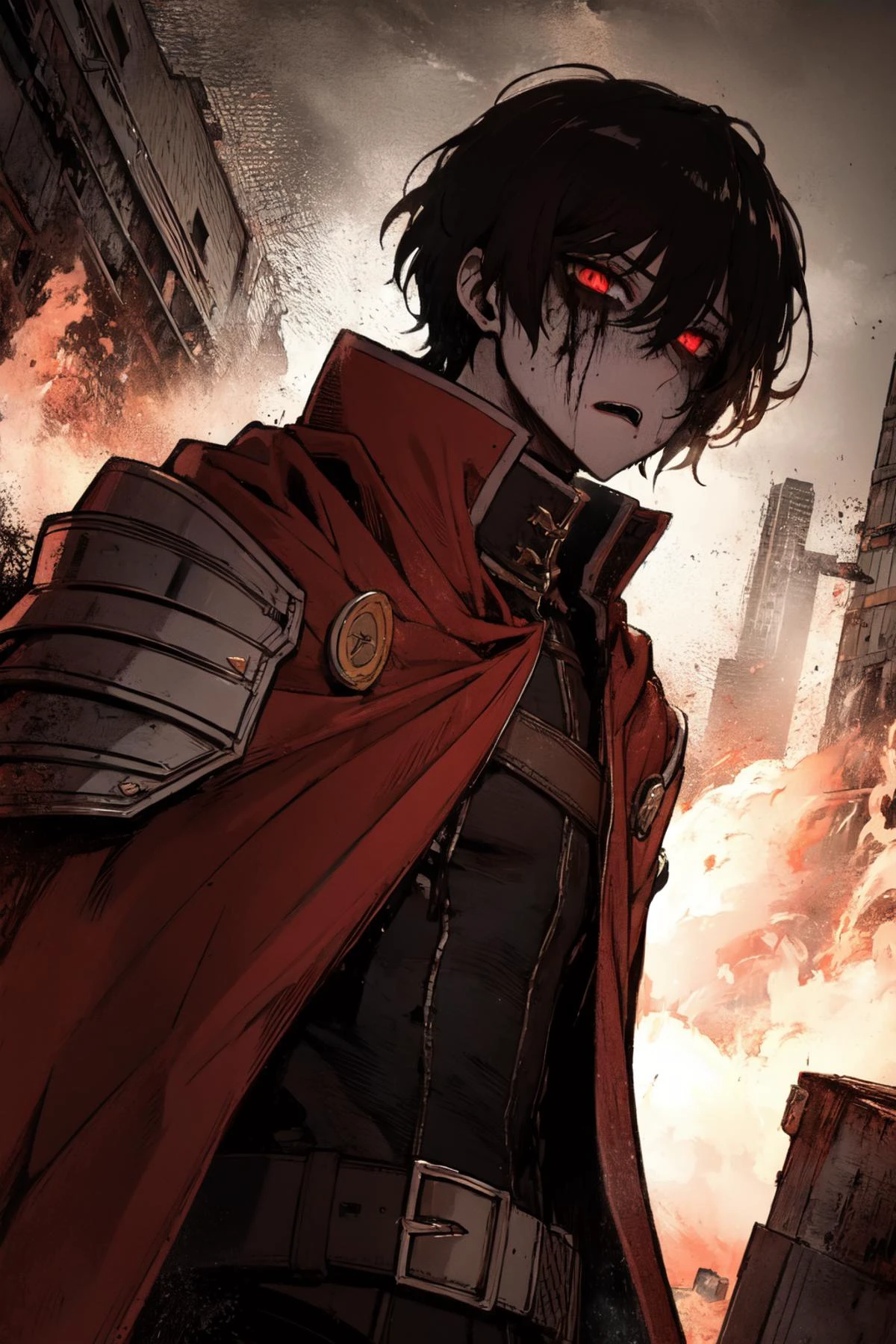 1male,armor, red cape, glowing red eyes, black hair, pauldrons, bags under eyes, shoulder armor,nervous breakdown, (close mouth:1.5),
(hopeless,horror theme,hellsing:1.3), masterpiece, best quality, ultra-detailed, absurdres, particles, glowing eyes, backlighting,depth of field, night, blurry background,
(flames of war,very serious and huge explosion background),detailed lighting,scary, <lora:Kim_Minsu_Hero_Returned-000004:0.8> kim_minsu
