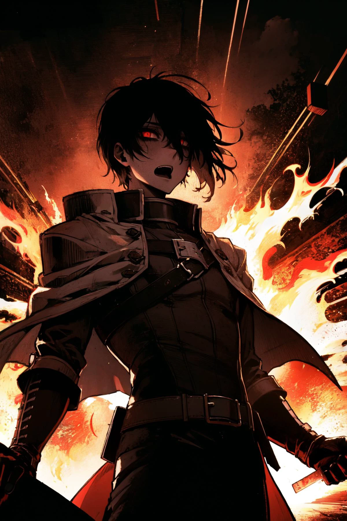 (close mouth:1.5),1male,armor, red cape, glowing red eyes, black hair, pauldrons, bags under eyes, shoulder armor,nervous breakdown,
(hopeless,horror theme,hellsing:1.3), masterpiece, best quality, ultra-detailed, absurdres, particles, glowing eyes, backlighting,depth of field, night, blurry background,
(flames of war,very serious and huge explosion background),detailed lighting,scary, <lora:Kim_Minsu_Hero_Returned-000004:0.8> kim_minsu