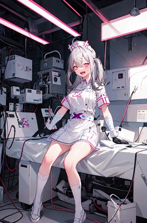 masterpiece,1girl, 18 years old, solo , open mouth, white gloves, bandages, white apron, short sleeves, nurse, bandaged arm, wrist cuffs, white dress, fangs, large breasts,,  full body, stationary restraints,
 <lora:Four-StationaryRestraintsV1:1>
 <lora:sukoya_kana_v10:0.8>