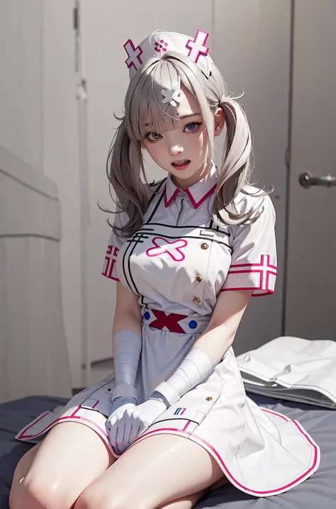 nsfw, masterpiece,1girl, 18 years old, solo, white gloves, bandages, white apron, short sleeves, nurse, bandaged arm, wrist cuffs, white dress, fangs, full body, stationary restraints,
<lora:sukoya_kana_v10:0.8>