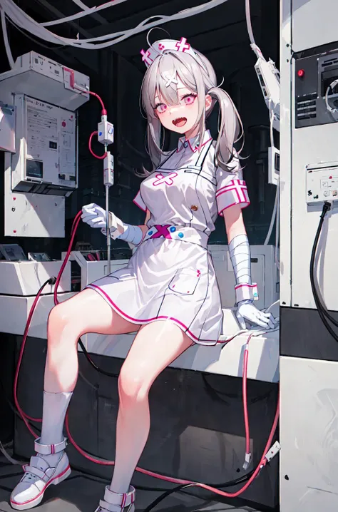 masterpiece,1girl, 18 years old, solo , open mouth, white gloves, bandages, white apron, short sleeves, nurse, bandaged arm, wrist cuffs, white dress, fangs, large breasts,,  full body, stationary restraints,
 <lora:Four-StationaryRestraintsV1:1>
 <lora:sukoya_kana_v10:0.8>