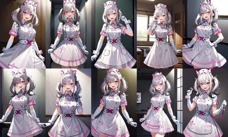 masterpiece, best quality, highres, sk1, white gloves, bandages, white apron, short sleeves, nurse, bandaged arm, wrist cuffs, white dress, fangs, <lora:sukoya_kana_v10:0.7>, cowboy shot, standing,