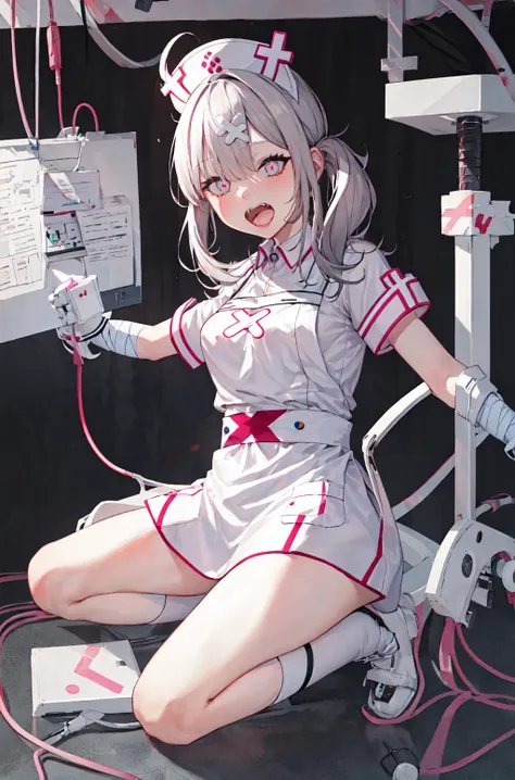 masterpiece,1girl,solo ,heart-shaped pupils, open mouth, white gloves, bandages, white apron, short sleeves, nurse, bandaged arm, wrist cuffs, white dress, fangs, <lora:sukoya_kana_v10:0.7>,  full body, stationary restraints,
 <lora:Four-StationaryRestraintsV1:1>