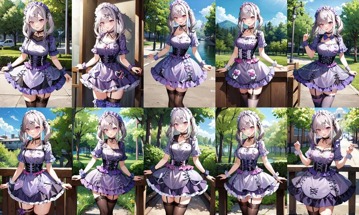 masterpiece, best quality, highres, sk4, frills, asymmetrical legwear, heart cutout, wrist cuffs, cleavage cutout, single thighhigh, purple dress, short sleeves, choker, <lora:sukoya_kana_v10:0.7>, cowboy shot, standing, outdoors
