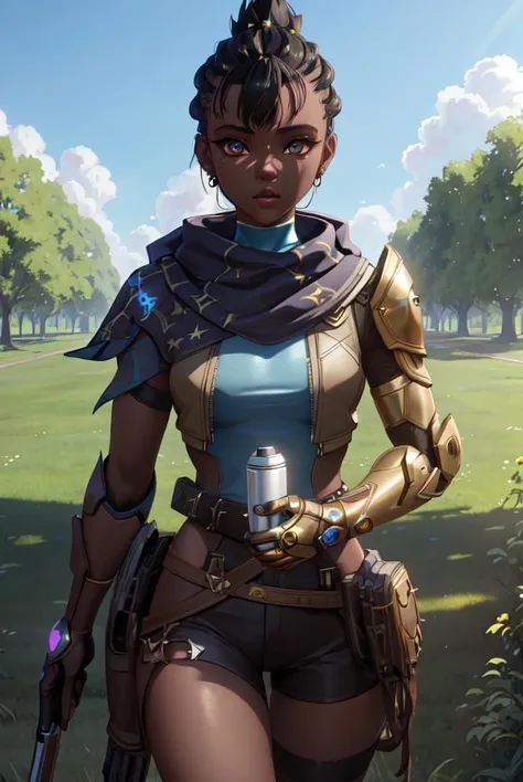 masterpiece, best quality,
extremely detailed CG, unity,
Ray tracing, Global Illumination, Subsurface Scatter, hdr, volumetric lighting, beautiful lighting,
highly detailed eyes,
1girl, 
<lora:FefaAIart_Astra_v1:0.6>,
Astra, Astra from Valorant, short hair, black hair, dread hair,  dark skin, black skin, brown eye,
solo, 
award winning photo, extremely detailed, edgOrgasm, face focus, woman, 
at park, tree, grass, blue sky, sunny,