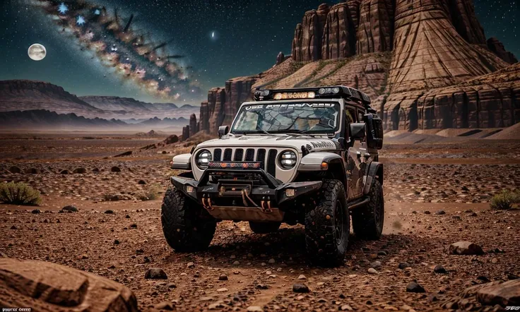 jeepcamo2023, 4 wheels, driving through post-apocalyptic desert, borderlands, vibrant colors, moon craters, star filled sky, 8k, uhd, best quality, masterpiece, raw photo, photorealistic, rtx, reflections, sci-fi landscape, red planet, dust,