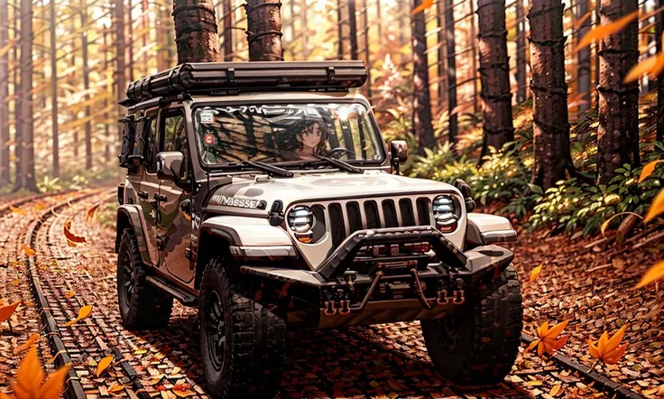 jeepcamo2023, 4 wheels, driving through autumn forest, yellow leaves, 8k, uhd, best quality, masterpiece, rtx, anime, 2d, girl driving jeep, detailes face,