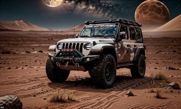 jeepcamo2023, 4 wheels,  driving on the surface of the moon, moon craters, star filled sky, 8k, uhd, best quality, masterpiece, raw photo, photorealistic, rtx, reflections