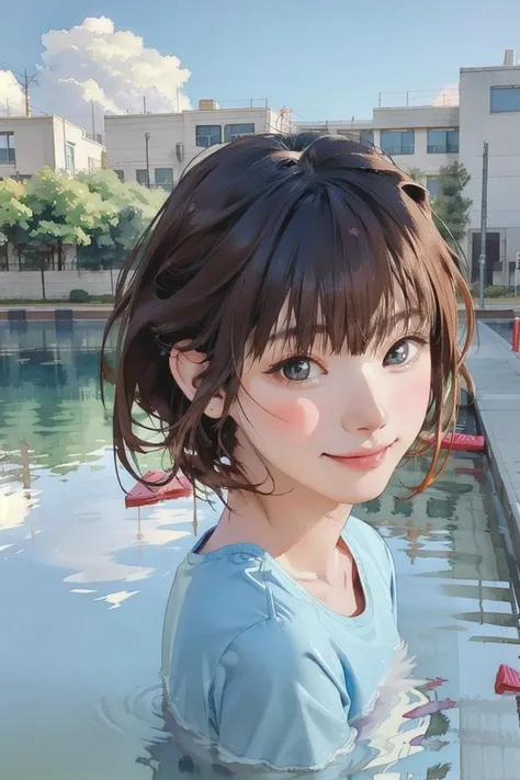 girl swimming, ((best quality)), ((masterpiece)), ( extreme detailed, highest detailed, official art, beautiful and aesthetic:1.2), <lora:Watercolor Fantasy:0.8>, watercolor style, looking at viewer, chignon hairstyle, smile, swept bangs, <lora:AAG-enako2:0.8>, outdoor, wink