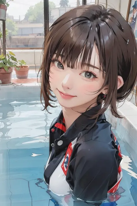 girl swimming, ((best quality)), ((masterpiece)), ( extreme detailed, highest detailed, official art, beautiful and aesthetic:1.2), <lora:Watercolor Fantasy:0.8>, watercolor style, looking at viewer, chignon hairstyle, smile, swept bangs, <lora:AAG-enako2:0.8>, outdoor, wink, one piece swimwear, under water