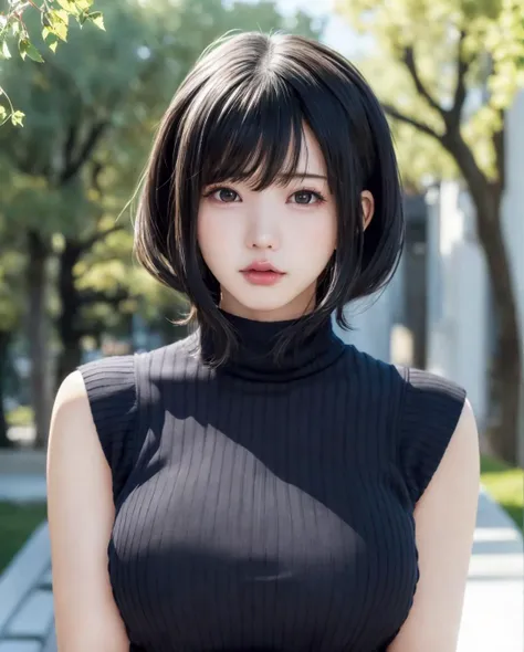 pureerosface_v1:0.3, best quality, photorealistic, 8k, high res, full color, 1girl, woman, 20 years old woman, (closed mouth:1.7), (skindentation), (portrait:0.6), trees, park bench, daylight, ((park background:1.52)), full color, ((necksweater:1.68)), looking at viewer:1.8, (1girl eyes looking at viewer:1.55), (short-length hair, blackhair, partedhair:1.45), (bokeh), <lora:AAG-enako:0.7>