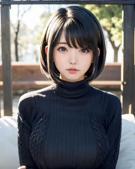 pureerosface_v1:0.3, best quality, photorealistic, 8k, high res, full color, 1girl, woman, 20 years old woman, (closed mouth:1.7), (skindentation), (portrait:0.6), trees, park bench, daylight, ((park background:1.52)), full color, ((necksweater:1.68)), straight-looking at viewer:1.8, (1girl eyes looking at viewer:1.55), (short-length hair, blackhair, partedhair:1.45), (bokeh), <lora:AAG-enako:0.7>