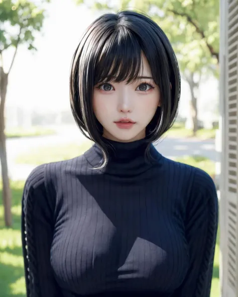 pureerosface_v1:0.3, best quality, photorealistic, 8k, high res, full color, 1girl, woman, 20 years old woman, (skindentation), (portrait:0.6), trees, park bench, daylight, ((park background:1.52)), full color, ((necksweater:1.68)), straight-looking at viewer:1.8, (1girl eyes looking at viewer:1.55), (short-length hair, blackhair, partedhair:1.45), (bokeh), <lora:AAG-enako:0.7>