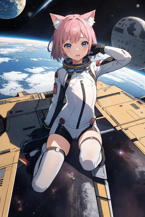 photorealistic, (small girl:1.2), masterpiece, best quality, flat chest,
cat ears, full body,
space suit, cockpit of space fighter, gloves,