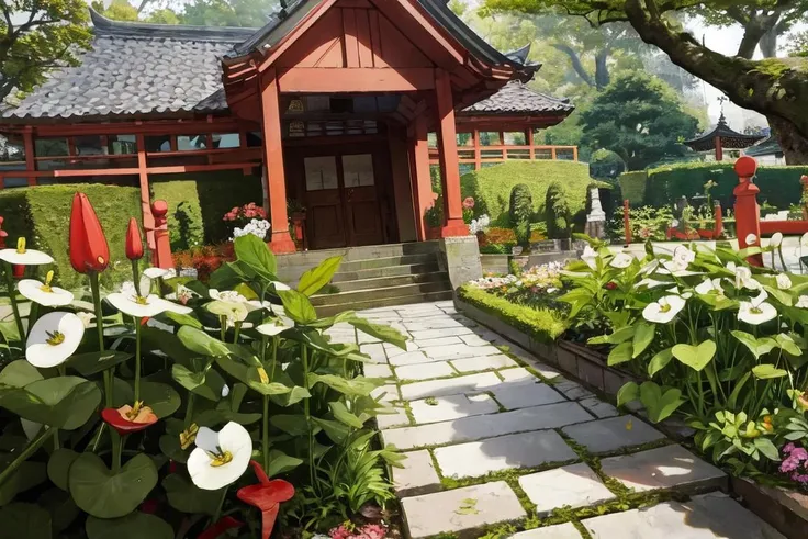 flower garden, pagoda,arum up, very_close_to_viewers, <lora:Headback:0.6>, open mouth, clothed eyes,, <lora:bigeye2:-0.15>, <lora:faceage:-0.2>,