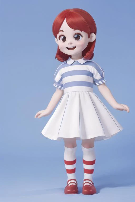 1girl, <lora:WendyW:0.7>, wendyw, striped socks, white and blue dress, red hair