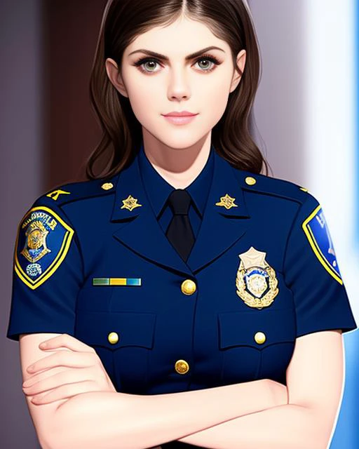 (alexandra daddario), american police officer, arms crossed, dark blue pantsuit, [light smile], portrait, photo, ((centered)), bokeh
