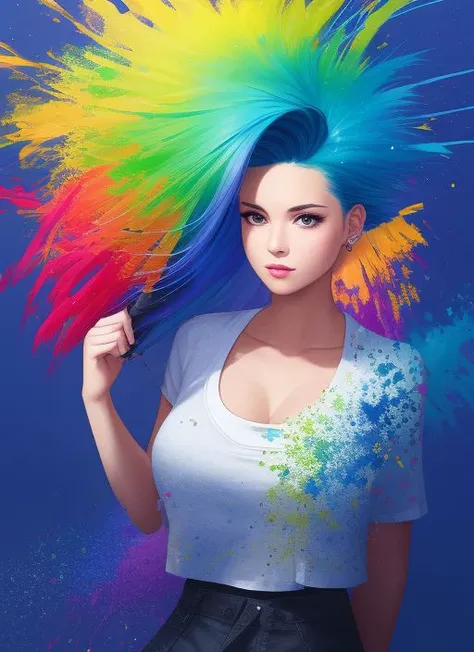 award winning half body portrait of a woman in a croptop and cargo pants with ombre navy blue teal hairstyle with head in motion and hair flying, paint splashes, splatter, outrun, vaporware, shaded flat illustration, digital art, trending on artstation, highly detailed, fine detail, intricate