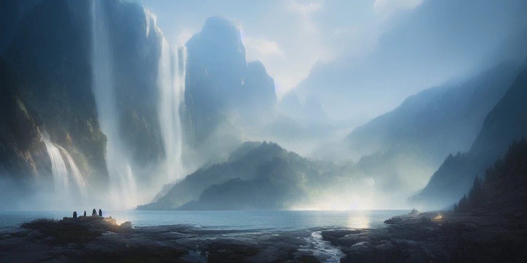 beautiful landscape (mountainous_horizon), (light_rays), ((waterfall)), magnificent, luxury, detailed, sharp focus, close up, low angle, high detail, volumetric, illustration, cold lighting, by jordan grimmer and greg rutkowski, trending on artstation, pixiv