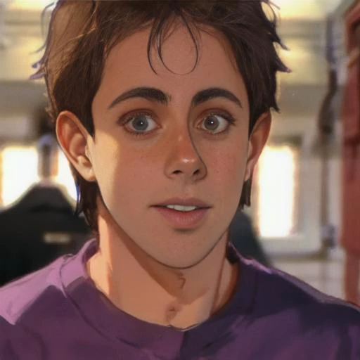 a close up of a person with a purple shirt and a purple shirt